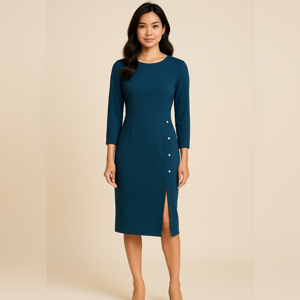 Elegant Emerald Long Sleeve Dress with Button Details